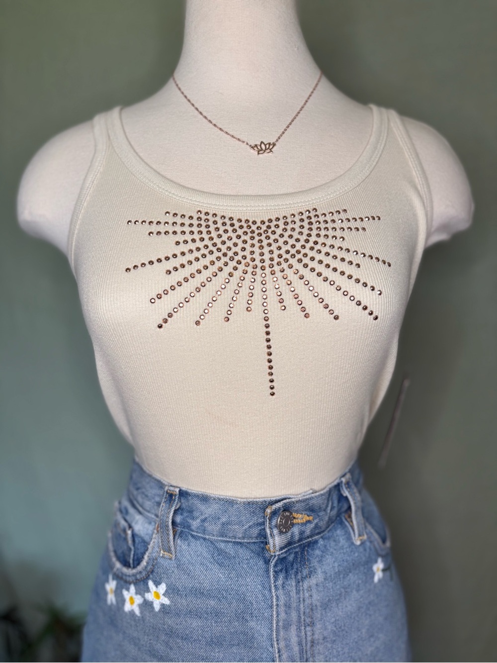 Cream Tank with Stud Sunburst #y2k 100% Cotton